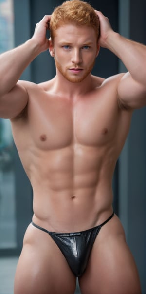 
Imagine the following scene.

Realistic photography of a beautiful man. Full body shot.

He is in a very dark room. Blurred background.

Wearing a transparent plastic bikini, large and voluptuous crotch.

The man is from Ireland, 30yo, with a muscular body, clear and large eyes. Short hair, freckles on the face. ginger, blush, full and pink lips. Round face, long eyelashes. 
 
Standing, in the center of the shot, legs open, hands behind the head. 

(photorealistic), masterpiece: 1.5, beautiful lighting, best quality, beautiful lighting, realistic and natural image, intricate details, everything in sharp focus, perfect focus, photography, masterpiece, meticulous nuances, supreme resolution, 32K, ultra-sharp, quality Details superior, realistic and complex, perfect proportions, perfect hands, perfect feet.