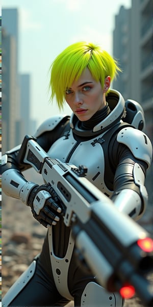 Imagine the following scene:

Hyperrealistic photograph of a beautiful man. Zoom out to capture the details of the scene.

A city in ruins, a city in chaos. In the center a beautiful man wearing a robot suit. In his hand a laser gun. All very futuristic.

The man is from France, pale skin, light blue eyes, big and bright eyes. neon yellow hair, gelled and short hair. punk hair full and pink lips. Round face.

Combat pose, dynamic pose.

 perfect hands (detailed face, detailed skin texture), (photorealistic), masterpiece: 1.5, beautiful lighting, best quality, beautiful lighting, realistic and natural image, intricate details, everything in focus, perfect focus, photography, masterpiece, small nuances, Supreme resolution, 32K, ultra-sharp quality and details. Superior, realistic and complex, perfect proportions, perfect hands, perfect feet. (extremely detailed skin texture and pores)