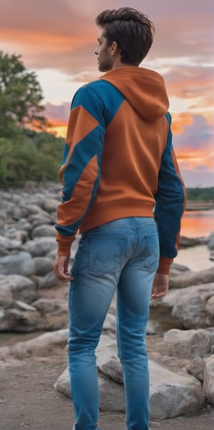 Imagine the following scene:

Photograph of a beautiful sunset on a lake. The colors in the sky orange and red. The lake reflects the beauty of the sunset.

Standing with his back turned, a man contemplates the lake.

Visiting jean and hoodie. Sports shoes.

The man is from Salvador, 20 years old, medium body, short hair. 

Back to camera. Serene pose, with hands in pockets.

(photorealistic), masterpiece: 1.5, beautiful lighting, best quality, beautiful lighting, realistic and natural image, intricate details, all in sharp focus, perfect focus, photography, masterpiece, meticulous nuances, supreme resolution, 32K, ultra-sharp, Superior Quality, realistic and complex details, perfect proportions, perfect hands, perfect feet.