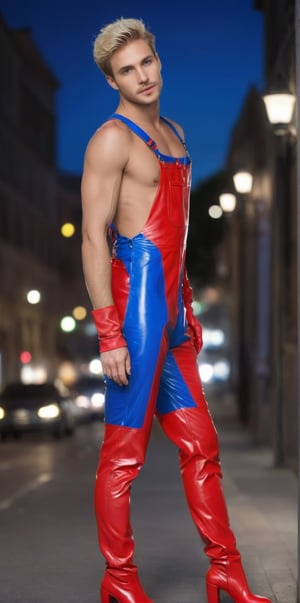 Imagine the following scene:

Full body photograph of a beautiful man. It's outdoors on a busy street, at night, starry sky, blurred background.

Wearing a neon red latex overall. Red latex boots. Red latex gloves.

The man is from Slovakia, 25 years old, average body, short hair. very light blonde hair, straight hair, long eyelashes, full and red lips, blush, very light and bright blue eyes, big eyes.

He looks at the camera with sensuality, discreet smile.

(photorealistic), masterpiece: 1.5, beautiful lighting, best quality, beautiful lighting, realistic and natural image, intricate details, all in sharp focus, perfect focus, photography, masterpiece, meticulous nuances, supreme resolution, 32K, ultra-sharp, Superior Quality, realistic and complex details, perfect proportions, perfect hands, perfect feet.
