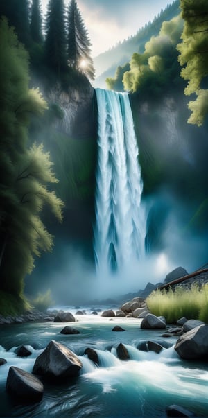 
Imagine the following scene:

A hyperrealistic photograph of a beautiful river in a mountain. The river is wide and turbulent, very imposing and untamable. It's daytime, the light filters through the branches of the trees next to the river. At the end a large waterfall can be seen, where the river originates.

(photorealistic), masterpiece: 1.5, beautiful lighting, best quality, beautiful lighting, realistic and natural image, intricate details, everything in focus, perfect focus, photography, masterpiece, small nuances, Supreme resolution, 32K, ultra-sharp quality and details. Superior, realistic and complex