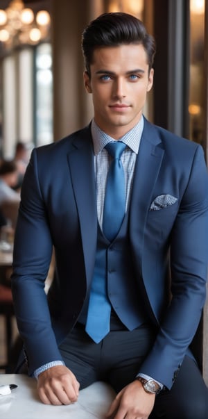 
Imagine the following scene:

Photograph of a beautiful man. Full body shot.

The man is inside a restaurant, sitting elegantly at a table. It is a very luxurious restaurant.

The man wears a blue checkered long-sleeved shirt. Black pants, black dress shoes. Red tie.
 
The man is from Portugal, 30yo, muscular, big and bright blue eyes. Masculine, full and red lips. Blush. tanned. Coiffed black hair, short hair. 

sitting in style. dynamic pose, smile

(photorealistic), masterpiece: 1.5, beautiful lighting, best quality, beautiful lighting, realistic and natural image, intricate details, everything in sharp focus, perfect focus, photography, masterpiece, meticulous nuances, supreme resolution, 32K, ultra-sharp, quality superior, realistic and complex details, perfect proportions, perfect hands, perfect feet.