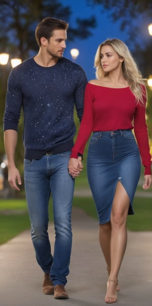 Imagine the following scene. Realistic photography of a beautiful couple, a man and a woman holding hands. Full body shot. They walk through a park at night. A great starry sky and a moon illuminate the path. The man is blonde, muscular, 30yo, blue eyes. He wears jeans and a blue sweater. The woman is Latina, she has very long and straight black hair. She wears a red sweater and jean skirt. They walk hand in hand, there is love in the scene. (photorealistic), masterpiece: 1.5, beautiful lighting, best quality, beautiful lighting, realistic and natural image, intricate details, everything in focus, perfect focus, photography, masterpiece. , small nuances, supreme resolution, 32K, ultra-sharp, superior quality details, realistic and complex, perfect proportions, perfect hands, perfect feet.