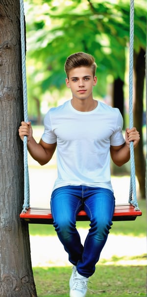 Imagine the following scene.

In a park, with many people walking. With many tall trees.

In a tree a handsome young man is sitting on a swing. The swing is attached to one of the thick branches of the tree.

The man is from Honduras. He has very light and bright blue eyes, big eyes, long eyelashes, full red lips, and muscular. 18yo.

He is sitting on the swing with a calm and carefree expression, he is swinging on the swing.

Wear casual clothes, white shirt, jeans, sports shoes.

The shot is wide to capture the details of the scene, best quality, 8K, high resolution, masterpiece, HD, perfect proportions, perfect hands.