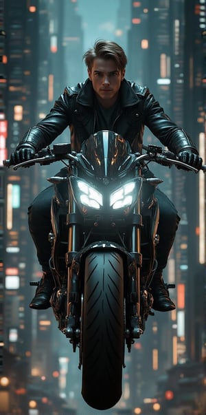 Imagine the following scene: Imagine a beautiful professional photograph of a beautiful man., a beautiful man riding a big motorcycle from the future. close up shot. The motorcycle is futuristic, it is very large, with many details, the motorcycle flies, it is black with neon lights between its gears. The man is Spanish, 20 years old, muscular, with light brown hair and very light honey-colored eyes. Long eyelashes. Provocative lips. The man is wearing jeans and a leather jacket. The man drives the big flying motorcycle through a city, he is flying. The very futuristic city with many very tall buildings. It's night, many lights in the buildings. The image is zoomed out to be able to notice the man and the details of the city of the future.