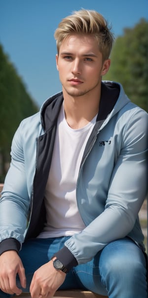 Imagine the following scene.

Realistic photography of a beautiful man. Full body shot. ((1 man)).

Sitting on a park bench.

It is day, a very clear and blue sky.

Wear a hooded jacket, jeans, and sports shoes. 

The man is from Slovakia, 25yo, muscular body. Very light and bright light blue eyes, full lips, blush, short hair. Tattoo on an arm. Blond, has a ponytail in his hair.

sitting looking at the camera, facing the camera. 

(photorealistic), masterpiece: 1.5, beautiful lighting, best quality, beautiful lighting, realistic and natural image, intricate details, everything in focus, perfect focus, photography, masterpiece. , small nuances, supreme resolution, 32K, ultra-sharp, superior quality details, realistic and complex, perfect proportions, perfect hands, perfect feet.
