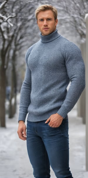 Imagine the following scene:

Full body photograph of a beautiful man.

Wearing a turtleneck, knitted sweater, very warm. Jean. Black boots.

The man is from Russia, 35 years old, muscular, short blonde hair, very light and bright blue eyes, big eyes. 

Standing in the middle of a snow storm. Serious
 
(photorealistic), masterpiece: 1.5, beautiful lighting, best quality, beautiful lighting, realistic and natural image, intricate details, all in sharp focus, perfect focus, photography, masterpiece, meticulous nuances, supreme resolution, 32K, ultra-sharp, Superior Quality, realistic and complex details, perfect proportions, perfect hands, perfect feet.,Fantasy ,vector,Masterpiece,xxmixgirl