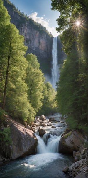 Imagine the following scene:

A hyperrealistic photograph of a beautiful river in a mountain. The river is wide and turbulent, very imposing and untamable. It's daytime, the light filters through the branches of the trees next to the river. At the end a large waterfall can be seen, where the river originates.

(photorealistic), masterpiece: 1.5, beautiful lighting, best quality, beautiful lighting, realistic and natural image, intricate details, everything in focus, perfect focus, photography, masterpiece, small nuances, Supreme resolution, 32K, ultra-sharp quality and details. Superior, realistic and complex