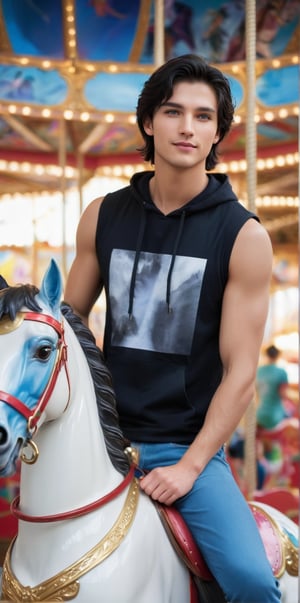 
Imagine the following scene.

A beautiful man. Takes up to the waist. Zoom out to capture the details of the scene.

The man is sitting on a horse of a children's carousel, in an amusement park. It's night. a very dark night, only the lights of the carousel.

The man wears a white sports t-shirt, sleeveless t-shirt, over the t-shirt a black hooded jacket. jean pants, black sports pants. Sports shoes. Men's jewelry, earrings.

The man is from Sweden, 20yo, average body, short hair, black hair, standing hair, pink and full lips. blush. Big, bright eyes. Blue eyes. Thick and fleshy legs. 

Sitting on the horse of a fair carousel. Dynamic pose, has fun, smiles.

(photorealistic), masterpiece: 1.5, beautiful lighting, best quality, beautiful lighting, realistic and natural image, intricate details, everything in focus, perfect focus, photography, masterpiece. , small nuances, supreme resolution, 32K, ultra-sharp, superior quality details, realistic and complex, perfect proportions, perfect hands, perfect feet.