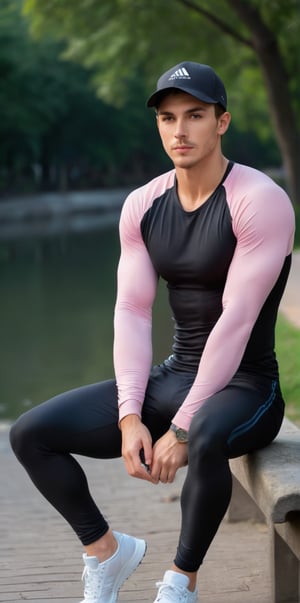 Imagine the following scene.

A beautiful man. Takes up to the waist. Zoom out to capture the details of the scene.

The man is sitting on a park bench. The park is on the bank of a large river. It's night. The man rests from his exercises. He's sweaty.

The man wears a white long-sleeved lycra sports shirt, black lycra pants, and tight pants. sport cap. Sports shoes. Men's jewelry, earrings.

The man is from Mexico, 25yo, average body, short light brown hair, pink and full lips. blush. Big, bright eyes. Blue eyes. Thick and fleshy legs. 

Sitting on the bench, watching the river. Sweaty. Dynamic pose, having fun, serious.

(photorealistic), masterpiece: 1.5, beautiful lighting, best quality, beautiful lighting, realistic and natural image, intricate details, everything in focus, perfect focus, photography, masterpiece. , small nuances, supreme resolution, 32K, ultra-sharp, superior quality details, realistic and complex, perfect proportions, perfect hands, perfect feet.