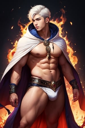 realistic, masterpiece, intricate details, detailed background, depth of field, muscular, photo of a handsome wizard, (young corean man with k-pop idol look), 25yo, (short white hair), voluptuous crotch, fire spell, Wizard, wears a long hooded cape,DonMF41ryW1ng5
