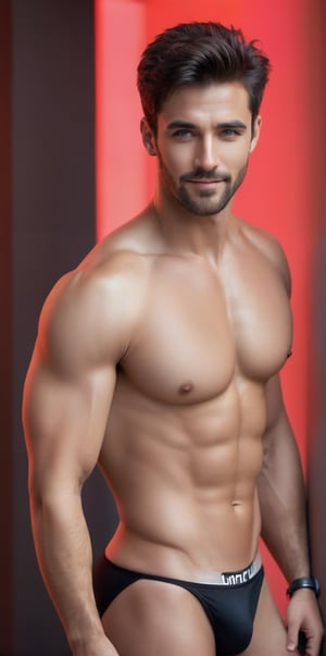 
Imagine the following scene:

Realistic full-length photograph of a beautiful man. ((Full body shot))

Neon red background. blurred background

Wearing a black bikini, white tank top, white sports shoes.

Looking at the camera, smile. Dynamic posture. standing. dynamic pose

The man is from arab, 30 years old, big eyes, shiny blue eyes, full and pink lips, blushing.  short brown hair, muscular body, (((very chest hair, very body hair, black chest hair)))

(photorealistic), masterpiece: 1.5, beautiful lighting, best quality, beautiful lighting, realistic and natural image, intricate details, everything in sharp focus, perfect focus, photography, masterpiece, meticulous nuances, supreme resolution, 32K, ultra-sharp, quality Details superior, realistic and complex, perfect proportions, perfect hands, perfect feet.