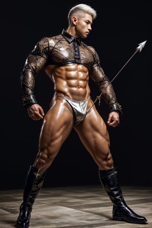 realistic, masterpiece, intricate details, detailed background, depth of field, muscular, photo of a handsome (young corean man with k-pop idol look), 25yo,  wearing latex collared shirt, shiny latex, fighting stance, dynamic pose, walking, thongs, full body portrait, black boots, holding a bow, with arrows on the back, in the street of a medieval town, (short white hair), It has a touch of mystery and magic, dark clouds, and lightning falling to the ground. voluptuous crotch