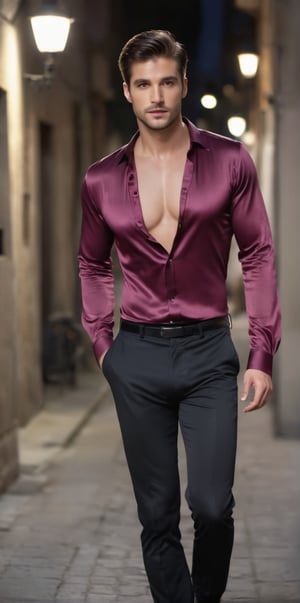 Imagine the following scene.

Realistic photography of a beautiful man. Full body shot.

He is sitting walking safely down a very narrow street at night. Blurred background.

Wearing a long-sleeved red silk and lace shirt, transparent shirt, black pants. Black shoes.

The man is from Italy, 30yo, average body, clear and large eyes. Short hair, blush, full and pink lips. Round face, long eyelashes. 
 
walks confidently, dynamic pose. 

(photorealistic), masterpiece: 1.5, beautiful lighting, best quality, beautiful lighting, realistic and natural image, intricate details, everything in sharp focus, perfect focus, photography, masterpiece, meticulous nuances, supreme resolution, 32K, ultra-sharp, quality Details superior, realistic and complex, perfect proportions, perfect hands, perfect feet.