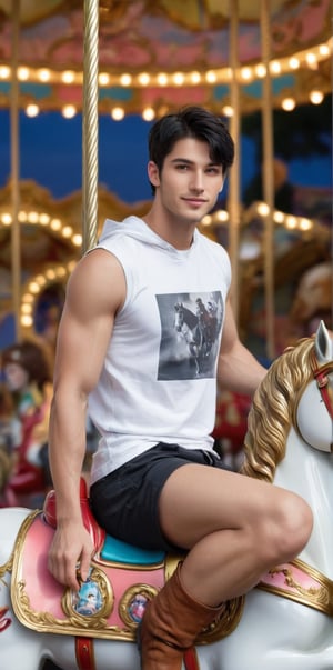 
Imagine the following scene.

A beautiful man. Takes up to the waist. Zoom out to capture the details of the scene.

The man is sitting on a horse of a children's carousel, in an amusement park. It's night. a very dark night, only the lights of the carousel.

The man wears a white sports t-shirt, sleeveless t-shirt, over the t-shirt a black hooded jacket. jean pants, black sports pants. Sports shoes. Men's jewelry, earrings.

The man is from Sweden, 20yo, average body, short hair, black hair, standing hair, pink and full lips. blush. Big, bright eyes. Blue eyes. Thick and fleshy legs. 

Sitting on the horse of a fair carousel. Dynamic pose, has fun, smiles.

(photorealistic), masterpiece: 1.5, beautiful lighting, best quality, beautiful lighting, realistic and natural image, intricate details, everything in focus, perfect focus, photography, masterpiece. , small nuances, supreme resolution, 32K, ultra-sharp, superior quality details, realistic and complex, perfect proportions, perfect hands, perfect feet.