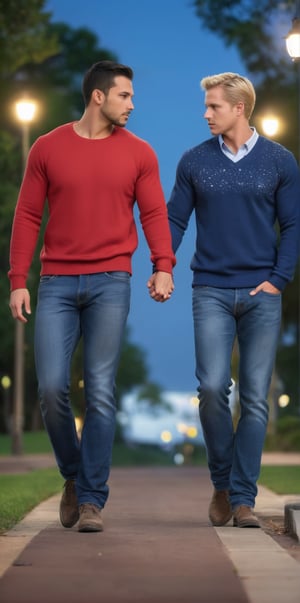 Imagine the following scene. Realistic photography of a beautiful man couple, a man and a man holding hands. Full body shot. They walk through a park at night. A great starry sky and a moon illuminate the path. The first man is blonde, muscular, 30yo, blue eyes. He wears jeans and a blue sweater. The second man is Latino, he has short, straight black hair. He wears a red sweater and jean shorts. They walk hand in hand, there is love in the scene. (photorealistic), masterpiece: 1.5, beautiful lighting, best quality, beautiful lighting, realistic and natural image, intricate details, everything in focus, perfect focus, photography, masterpiece. , small nuances, supreme resolution, 32K, ultra-sharp, superior quality details, realistic and complex, perfect proportions, perfect hands, perfect feet.