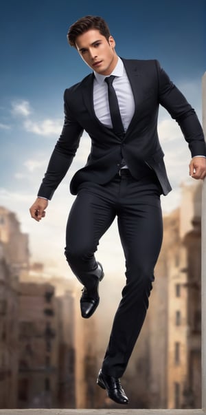 
Imagine the following scene.

A beautiful man falling from the sky. Dynamic pose of falling, despair. He is wearing a black suit.

The man is Latino, muscular, short hair

 perfect hands (detailed face, detailed skin texture), (photorealistic), masterpiece: 1.5, beautiful lighting, best quality, beautiful lighting, realistic and natural image, intricate details, everything in focus, perfect focus, photography, masterpiece, small nuances, Supreme resolution, 32K, ultra-sharp quality and details. Superior, realistic and complex, perfect proportions, perfect hands, perfect feet. (extremely detailed skin texture and pores)