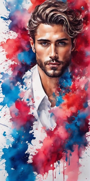 Imagine the following scene:

masterpiece with high quality ink art style, 

a beautiful Latin man, 30yo, muscular, hair on his chest, big and bright blue eyes, long eyelashes, full and red lips, blush.

colorful ink painting, white background, high detailed.

High realism aesthetic photo, RAW photo, 16K, real photo, best quality, high resolution, masterpiece, HD, perfect proportions, perfect hands