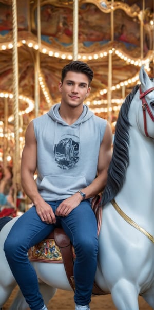 
Imagine the following scene.

A beautiful man. Takes up to the waist. Zoom out to capture the details of the scene.

The man is sitting on a horse of a children's carousel, in an amusement park. It's night. a very dark night, only the lights of the carousel.

The man wears a white sports t-shirt, sleeveless t-shirt, over the t-shirt a black hooded jacket. jean pants, black sports pants. Sports shoes. Men's jewelry, earrings.

The man is from Sweden, 20yo, average body, short hair, black hair, standing hair, pink and full lips. blush. Big, bright eyes. Blue eyes. Thick and fleshy legs. 

Sitting on the horse of a fair carousel. Dynamic pose, has fun, smiles.

(photorealistic), masterpiece: 1.5, beautiful lighting, best quality, beautiful lighting, realistic and natural image, intricate details, everything in focus, perfect focus, photography, masterpiece. , small nuances, supreme resolution, 32K, ultra-sharp, superior quality details, realistic and complex, perfect proportions, perfect hands, perfect feet.