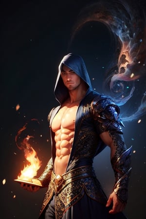 Realistic, Handsome young wizard , fire spell, Wizard,Pectoral Focus