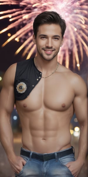 Imagine the following scene.

Realistic photography of a beautiful man. Full body shot.

It's night, in the background there are fireworks in the sky. Blurred background.

The man is standing up.

Wearing a black sleeveless t-shirt, jeans. Black sports shoes. She has earrings, and men's jewelry, a chain on her chest.

The man is muscular, with thick, defined legs. Clear and big eyes. Short hair, blush, full and pink lips. Angular face, long eyelashes. 40yo, from Holland.

Discreet smile. Mischievous look.

(photorealistic), masterpiece: 1.5, beautiful lighting, best quality, beautiful lighting, realistic and natural image, intricate details, everything in sharp focus, perfect focus, photography, masterpiece, meticulous nuances, supreme resolution, 32K, ultra-sharp, quality Details superior, realistic and complex, perfect proportions, perfect hands, perfect feet.