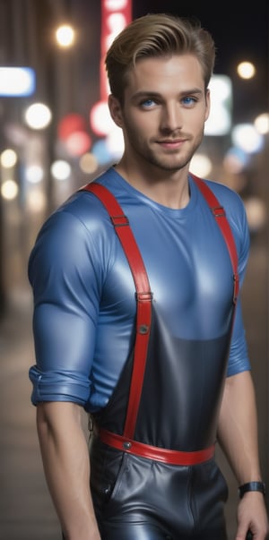Imagine the following scene:

Full body photograph of a beautiful man. It's outdoors on a busy street, at night, starry sky, blurred background.

Wearing a neon red latex overall. Red latex boots. Red latex gloves.

The man is from Slovakia, 25 years old, average body, short hair. very light blonde hair, straight hair, long eyelashes, full and red lips, blush, very light and bright blue eyes, big eyes.

Man looks at the camera with sensuality, discreet smile.

(photorealistic), masterpiece: 1.5, beautiful lighting, best quality, beautiful lighting, realistic and natural image, intricate details, all in sharp focus, perfect focus, photography, masterpiece, meticulous nuances, supreme resolution, 32K, ultra-sharp, Superior Quality, realistic and complex details, perfect proportions, perfect hands, perfect feet.