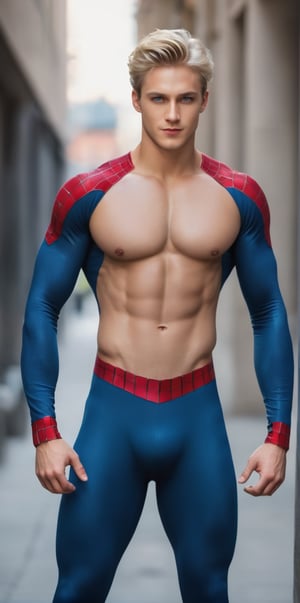 
Imagine the following scene:

Photograph of a beautiful man. Full body shot.

The man is standing, with his legs spread and his hands on his waist. Superhero pose.

Outdoors, blurred background.

((Using superhero costume, spiderman costume)).

The man is from Russia, 20 years old, very muscular body, full and red lips. Blush. Big and voluptuous crotch, big and bright light blue eyes. blond

Standing in the center of the shot, dynamic pose, smile.

(photorealistic), masterpiece: 1.5, beautiful lighting, best quality, beautiful lighting, realistic and natural image, intricate details, everything in sharp focus, perfect focus, photography, masterpiece, meticulous nuances, supreme resolution, 32K, ultra-sharp, quality Details superior, realistic and complex, perfect proportions, perfect hands, perfect feet.