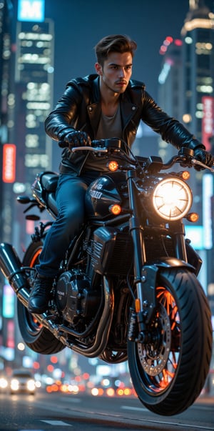 Imagine the following scene: Imagine a beautiful professional photograph of a beautiful man., a beautiful man riding a big motorcycle from the future. close up shot. The motorcycle is futuristic, it is very large, with many details, the motorcycle flies, it is black with neon lights between its gears. The man is Spanish, 20 years old, muscular, with light brown hair and very light honey-colored eyes. Long eyelashes. Provocative lips. The man is wearing jeans and a leather jacket. The man drives the big flying motorcycle through a city, he is flying. The very futuristic city with many very tall buildings. It's night, many lights in the buildings. The image is zoomed out to be able to notice the man and the details of the city of the future.