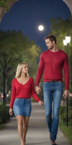 Imagine the following scene. Realistic photography of a beautiful couple, a man and a woman holding hands. Full body shot. They walk through a park at night. A great starry sky and a moon illuminate the path. The man is blonde, tall, muscular, 30yo, blue eyes. He wears jeans and a blue sweater. The woman is Latina, she has very long and straight black hair. She wears a red sweater and jean skirt. They walk hand in hand, there is love in the scene. (photorealistic), masterpiece: 1.5, beautiful lighting, best quality, beautiful lighting, realistic and natural image, intricate details, everything in focus, perfect focus, photography, masterpiece. , small nuances, supreme resolution, 32K, ultra-sharp, superior quality details, realistic and complex, perfect proportions, perfect hands, perfect feet.