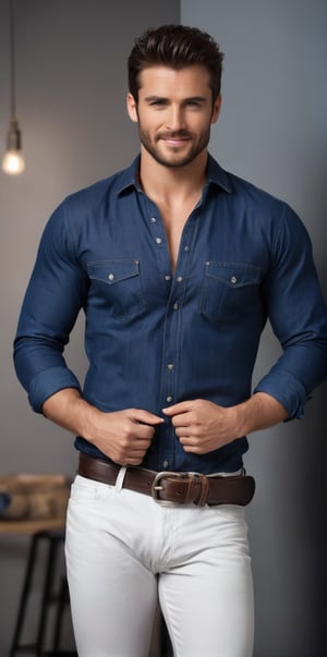 
Imagine the following scene:

Photograph of a beautiful man. Full body shot.

1 man, 30 years old, hansome, alone, looking at viewer, short hair, blue eyes, simple background, brown hair, shirt, black hair, long sleeves, white shirt, cowboy shot, belt, pants, denim, black background, jeans.

The man is sitting on a stool in the middle of the room. 

Showing his big, hairy chest, open shirt, discreet smile

(photorealistic), masterpiece: 1.5, beautiful lighting, best quality, beautiful lighting, realistic and natural image, intricate details, everything in sharp focus, perfect focus, photography, masterpiece, meticulous nuances, supreme resolution, 32K, ultra-sharp, quality superior, realistic and complex details, perfect proportions, perfect hands, perfect feet.
