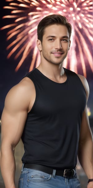 Imagine the following scene.

Realistic photography of a beautiful man. Full body shot.

It's night, in the background there are fireworks in the sky. Blurred background.

The man is standing up.

Wearing a black sleeveless t-shirt, jeans. Black sports shoes. She has earrings, and men's jewelry, a chain on her chest.

The man is muscular, with thick, defined legs. Clear and big eyes. Short hair, blush, full and pink lips. Angular face, long eyelashes. 40yo, from Holland.

Discreet smile. Mischievous look.

(photorealistic), masterpiece: 1.5, beautiful lighting, best quality, beautiful lighting, realistic and natural image, intricate details, everything in sharp focus, perfect focus, photography, masterpiece, meticulous nuances, supreme resolution, 32K, ultra-sharp, quality Details superior, realistic and complex, perfect proportions, perfect hands, perfect feet.