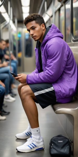 Imagine the following scene:

Realistic photograph of a man. Full body shot, zoomed out shot to see the details of the scene.

He is sitting in the subway. Looking at his cell phone. The bagón is full of people. Focus on the man, blurred background.

He wears a purple hooded jacket, black sports shorts, and black sports shoes.

The man is from Mexico, dark skin, 20yo, young, light brown hair. Athletic, 

(photorealistic), masterpiece: 1.5, beautiful lighting, best quality, beautiful lighting, realistic and natural image, intricate details, everything in focus, perfect focus, photography, masterpiece. small nuances, supreme resolution, 32K, ultra-sharp, superior quality details, realistic and complex, perfect proportions, perfect hands, perfect feet.