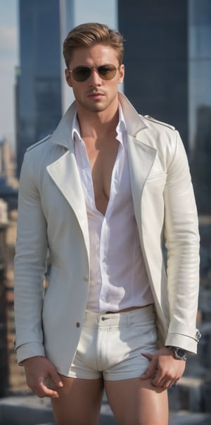 Imagine the following scene:

Photograph of a beautiful man. Full body shot.

The man is on a terrace of a very tall building. You can see a great city, very cosmopolitan.
 
The man wears white leather shorts. A big white leather coat, white leather boots. White sunglasses.

The man is from Russia, dark skin, 30yo, muscular, masculine, very light brown hair, short hair. large and voluptuous crotch.

Standing, dynamic pose, combat pose. Serious.

(photorealistic), masterpiece: 1.5, beautiful lighting, best quality, beautiful lighting, realistic and natural image, intricate details, everything in sharp focus, perfect focus, photography, masterpiece, meticulous nuances, supreme resolution, 32K, ultra-sharp, quality superior, realistic and complex details, perfect proportions, perfect hands, perfect feet.