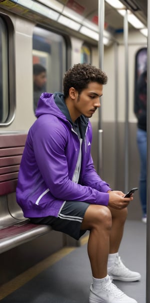 Imagine the following scene:

Realistic photograph of a man. Full body shot, zoomed out shot to see the details of the scene.

He is sitting in the subway. Looking at his cell phone. The bagón is full of people. Focus on the man, blurred background.

He wears a purple hooded jacket, black sports shorts, and black sports shoes.

The man is from Mexico, dark skin, 20yo, young, light brown hair. Athletic, 

(photorealistic), masterpiece: 1.5, beautiful lighting, best quality, beautiful lighting, realistic and natural image, intricate details, everything in focus, perfect focus, photography, masterpiece. small nuances, supreme resolution, 32K, ultra-sharp, superior quality details, realistic and complex, perfect proportions, perfect hands, perfect feet.