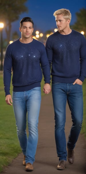 Imagine the following scene. Realistic photography of a beautiful man couple, a man and a man holding hands. Full body shot. They walk through a park at night. A great starry sky and a moon illuminate the path. The first man is blonde, muscular, 30yo, blue eyes. He wears jeans and a blue sweater. The second man is Latino, he has short, straight black hair. He wears a red sweater and jean shorts. They walk hand in hand, there is love in the scene. (photorealistic), masterpiece: 1.5, beautiful lighting, best quality, beautiful lighting, realistic and natural image, intricate details, everything in focus, perfect focus, photography, masterpiece. , small nuances, supreme resolution, 32K, ultra-sharp, superior quality details, realistic and complex, perfect proportions, perfect hands, perfect feet.