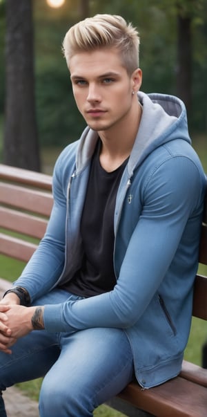 Imagine the following scene.

Realistic photography of a beautiful man. Full body shot. ((1 man)).

Sitting on a park bench.

It is day, a very clear and blue sky.

Wear a hooded jacket, jeans, and sports shoes. 

The man is from Slovakia, 25yo, muscular body. Very clear and bright light blue eyes, full lips, blush,. Tattoo on an arm. Blonde, long hair in a ponytail, a high tail.

sitting looking at the camera, facing the camera. 

(photorealistic), masterpiece: 1.5, beautiful lighting, best quality, beautiful lighting, realistic and natural image, intricate details, everything in focus, perfect focus, photography, masterpiece. , small nuances, supreme resolution, 32K, ultra-sharp, superior quality details, realistic and complex, perfect proportions, perfect hands, perfect feet.