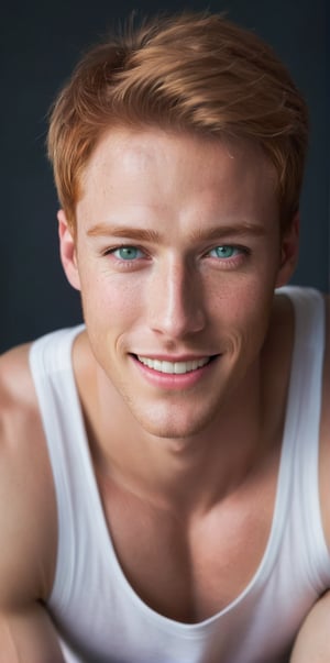 Imagine the following scene. Realistic photography of a beautiful man. Half body shot. Posing to the camera. he is a professional model. Smile. He wears a white sleeveless t-shirt. The man is African American, pale skin, ginger hair, straight hair. short, gelled hair, aqua green eyes, clear and bright eyes, full and pink lips, blush. Long eyelashes, bangs on the forehead. ((Many freckles on the face)) Instagram photography. Blurred black background. (photorealistic), masterpiece: 1.5, beautiful lighting, best quality, beautiful lighting, realistic and natural image, intricate details, everything in focus, perfect focus, photography, masterpiece. , small nuances, supreme resolution, 32K, ultra-sharp, superior quality details, realistic and complex, perfect proportions, perfect hands, perfect feet.