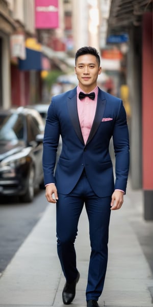 Imagine the following scene.

A beautiful man. Full body shot.

Outdoor. Blurred background.

He's wearing a navy blue tuxedo jacket, showing off his beefy chest, ((no shirt)). Dark blue pants.

The man is from Asia, 30yo, muscular, big bright eyes. short white hair, full pink lips, masculine.

He is walking down the street with confidence, he smiles discreetly, he has a captivating look.

(photorealistic), masterpiece: 1.5, beautiful lighting, best quality, beautiful lighting, realistic and natural image, intricate details, everything in focus, perfect focus, photography, masterpiece. small nuances, supreme resolution, 32K, ultra-sharp, superior quality details, realistic and complex, perfect proportions, perfect hands, 