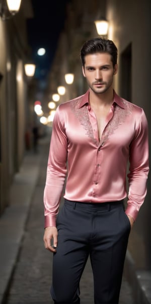 Imagine the following scene.

Realistic photography of a beautiful man. Full body shot.

He is sitting walking safely down a very narrow street at night. Blurred background.

Wearing a long-sleeved red silk and lace shirt, transparent shirt, black pants. Black shoes.

The man is from Italy, 30yo, average body, clear and large eyes. Short hair, blush, full and pink lips. Round face, long eyelashes. 
 
walks confidently, dynamic pose. 

(photorealistic), masterpiece: 1.5, beautiful lighting, best quality, beautiful lighting, realistic and natural image, intricate details, everything in sharp focus, perfect focus, photography, masterpiece, meticulous nuances, supreme resolution, 32K, ultra-sharp, quality Details superior, realistic and complex, perfect proportions, perfect hands, perfect feet.