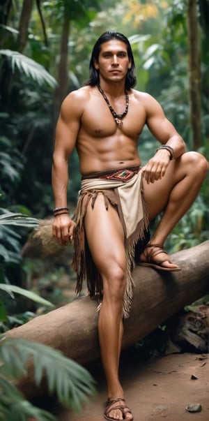 Imagine the following scene:

Realistic photograph of a man. Full body shot.

The man is a Native American.

It is outdoors, blurred background.

He wears an indigenous loincloth, sandals.

1 indigenous Venezuelan man. Average body. It's in the jungle.

Dynamic pose, sitting. looking at the camera sensually. 

(photorealistic), masterpiece: 1.5, beautiful lighting, best quality, beautiful lighting, realistic and natural image, intricate details, everything in focus, perfect focus, photography, masterpiece. small nuances, supreme resolution, 32K, ultra-sharp, superior quality details, realistic and complex, perfect proportions, perfect hands, perfect feet.