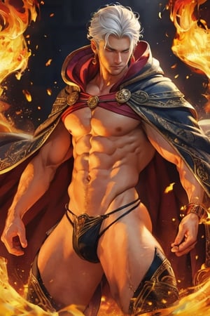 realistic, masterpiece, intricate details, detailed background, depth of field, muscular, photo of a handsome wizard, (young corean man with k-pop idol look), 25yo, (blonde and white hair), voluptuous crotch, fire spell, Wizard, wears a long hooded cape, Sexy Muscular, The thong shows a large,detailmaster2,aw0k magnstyle,Pectoral Focus,pyromancer