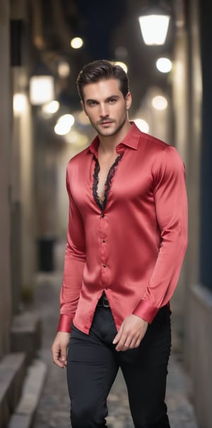 Imagine the following scene.

Realistic photography of a beautiful man. Full body shot.

He is sitting walking safely down a very narrow street at night. Blurred background.

Wearing a long-sleeved red silk and lace shirt, transparent shirt, black pants. Black shoes.

The man is from Italy, 30yo, average body, clear and large eyes. Short hair, blush, full and pink lips. Round face, long eyelashes. 
 
walks confidently, dynamic pose. 

(photorealistic), masterpiece: 1.5, beautiful lighting, best quality, beautiful lighting, realistic and natural image, intricate details, everything in sharp focus, perfect focus, photography, masterpiece, meticulous nuances, supreme resolution, 32K, ultra-sharp, quality Details superior, realistic and complex, perfect proportions, perfect hands, perfect feet.