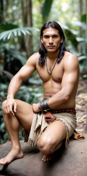 Imagine the following scene:

Realistic photograph of a man. Full body shot.

The man is a Native American.

It is outdoors, blurred background.

He wears an indigenous loincloth, sandals.

1 indigenous Venezuelan man. Average body. It's in the jungle.

Dynamic pose, sitting. looking at the camera sensually. 

(photorealistic), masterpiece: 1.5, beautiful lighting, best quality, beautiful lighting, realistic and natural image, intricate details, everything in focus, perfect focus, photography, masterpiece. small nuances, supreme resolution, 32K, ultra-sharp, superior quality details, realistic and complex, perfect proportions, perfect hands, perfect feet.