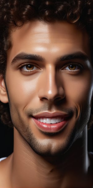 
Imagine the following scene:

Hyper-realistic photograph of the Face of a beautiful man, the dark man, with curly hair, short hair, and very bright and large honey-colored eyes. Full and red lips, blush. smile. A close up shot of a beautiful man. Black background.

(detailed face, detailed skin texture), (photorealistic), masterpiece: 1.5, beautiful lighting, best quality, beautiful lighting, realistic and natural image, intricate details, everything in focus, perfect focus, photography, masterpiece, small nuances, Supreme resolution, 32K, ultra-sharp quality and details. Superior, realistic and complex, perfect proportions, perfect hands, perfect feet. (extremely detailed skin texture and pores)