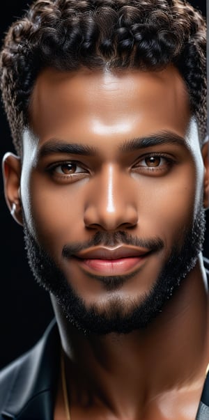 
Imagine the following scene:

Hyper-realistic photograph of the Face of a beautiful man, the dark man, with curly hair, short hair, and very bright and large honey-colored eyes. Full and red lips, blush. smile. A close up shot of a beautiful man. Black background.

(detailed face, detailed skin texture), (photorealistic), masterpiece: 1.5, beautiful lighting, best quality, beautiful lighting, realistic and natural image, intricate details, everything in focus, perfect focus, photography, masterpiece, small nuances, Supreme resolution, 32K, ultra-sharp quality and details. Superior, realistic and complex, perfect proportions, perfect hands, perfect feet. (extremely detailed skin texture and pores)