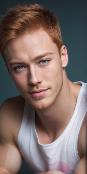 Imagine the following scene. Realistic photography of a beautiful man. Half body shot. Posing to the camera. he is a professional model. Smile. He wears a white sleeveless t-shirt. The man is African American, pale skin, ginger hair, straight hair. short, gelled hair, aqua green eyes, clear and bright eyes, full and pink lips, blush. Long eyelashes, bangs on the forehead. ((Many freckles on the face)) Instagram photography. Blurred black background. (photorealistic), masterpiece: 1.5, beautiful lighting, best quality, beautiful lighting, realistic and natural image, intricate details, everything in focus, perfect focus, photography, masterpiece. , small nuances, supreme resolution, 32K, ultra-sharp, superior quality details, realistic and complex, perfect proportions, perfect hands, perfect feet.