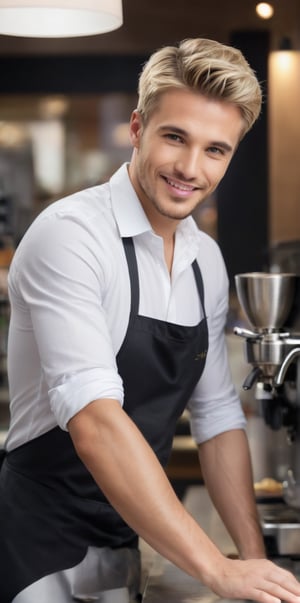 Imagine the following scene.

A beautiful man. Take it up to your knees. Zoom out to capture the details of the scene. 

The man is at the bar of a cafeteria. He is a barista and he is preparing a coffee. It's next to an espresso machine. He has the coffee cup in his hand. The coffee has a leaf design.

The man is wearing jeans and a white shirt. Over the shirt a front. In the center of the apron a yellow star design. The apron is black.

The man is from Europe, blonde, 25 years old, average body, short hair, full and pink lips. bangs on the forehead, blush.

Smile.

(photorealistic), masterpiece: 1.5, beautiful lighting, best quality, beautiful lighting, realistic and natural image, intricate details, everything in focus, perfect focus, photography, masterpiece. , small nuances, supreme resolution, 32K, ultra-sharp, superior quality details, realistic and complex, perfect proportions, perfect hands, perfect feet.