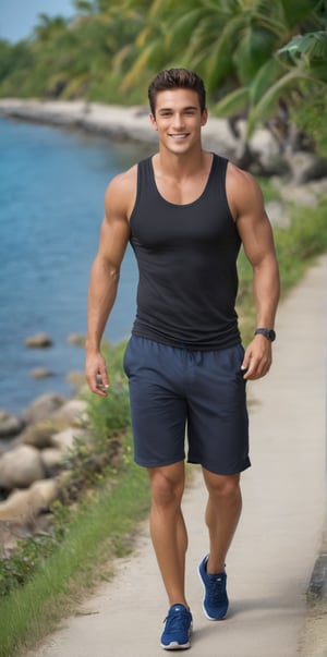 Imagine the following scene:

Photograph of a beautiful man. Full body shot.

The man walks along a path next to a beautiful river. Walk carefree.

The man wears sports shorts, a black tank top. Sports shoes.
 
The man is from Aruba, 20yo, muscular, big and bright blue eyes. Masculine, full and red lips. Blush. tanned.    

Walking, dynamic pose, smile

(photorealistic), masterpiece: 1.5, beautiful lighting, best quality, beautiful lighting, realistic and natural image, intricate details, everything in sharp focus, perfect focus, photography, masterpiece, meticulous nuances, supreme resolution, 32K, ultra-sharp, quality superior, realistic and complex details, perfect proportions, perfect hands, perfect feet.
