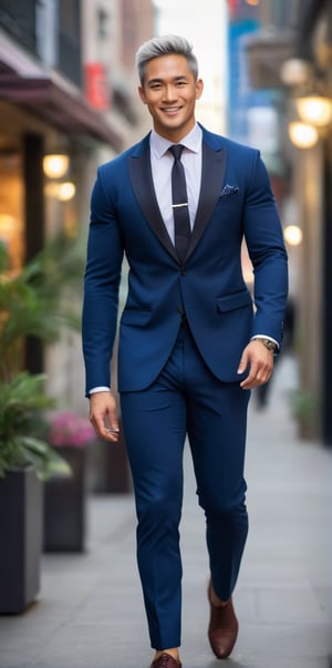 Imagine the following scene.

A beautiful man. Full body shot.

Outdoor. Blurred background.

He's wearing a navy blue tuxedo jacket, showing off his beefy chest, ((no shirt)). Dark blue pants.

The man is from Asia, 30yo, muscular, big bright eyes. short white hair, full pink lips, masculine.

He is walking down the street with confidence, he smiles discreetly, he has a captivating look.

(photorealistic), masterpiece: 1.5, beautiful lighting, best quality, beautiful lighting, realistic and natural image, intricate details, everything in focus, perfect focus, photography, masterpiece. small nuances, supreme resolution, 32K, ultra-sharp, superior quality details, realistic and complex, perfect proportions, perfect hands, 