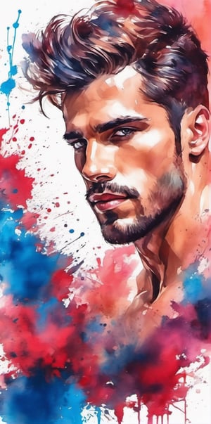 Imagine the following scene:

masterpiece with high quality ink art style, 

a beautiful Latin man, 30yo, muscular, hair on his chest, big and bright blue eyes, long eyelashes, full and red lips, blush.

colorful ink painting, white background, high detailed.

High realism aesthetic photo, RAW photo, 16K, real photo, best quality, high resolution, masterpiece, HD, perfect proportions, perfect hands,photo r3al